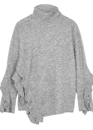 3.1 PHILLIP LIM Grey ruffle-trimmed jumper ~ asymmetric jumpers ~ slouchy high neck sweater ~ oversized knitwear - flipped