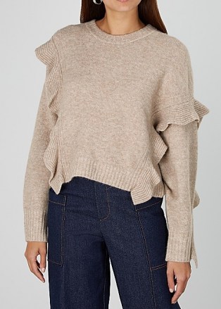 3.1 PHILLIP LIM Taupe ruffle-trimmed jumper ~ ruffled asymmetric jumpers ~ neutral knitwear ~ beautiful luxe knits - flipped