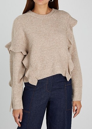3.1 PHILLIP LIM Taupe ruffle-trimmed jumper ~ ruffled asymmetric jumpers ~ neutral knitwear ~ beautiful luxe knits