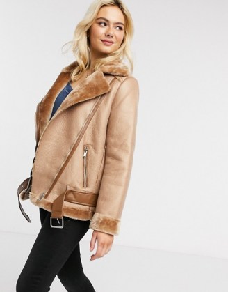 Pieces aviator jacket in tan / light brown casual jackets / faux fur lined outerwear