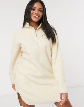 Pieces mini borg dress with half zip in cream / fluffy textured dresses - flipped