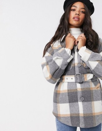 Pieces shacket with belted waist in grey check / checked shackets with belts / curved hem - flipped