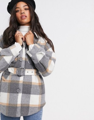 Pieces shacket with belted waist in grey check / checked shackets with belts / curved hem