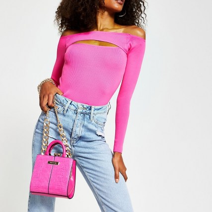 RIVER ISLAND Pink croc mini lady handbag – small bright chain strap bags
