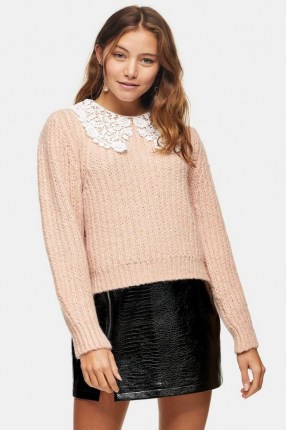 TOPSHOP Pink Crochet Collar Jumper / floral collars / jumpers / knitwear - flipped