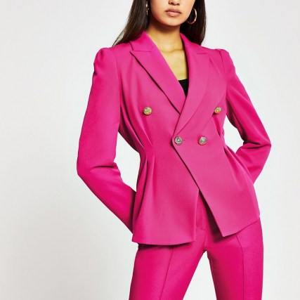River Island Pink Double Breasted blazer | puff shoulder jacket | puffed shoulders | bright blazers