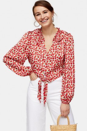 TOPSHOP Pink Rose Frill Tie Blouse / floral blouses - flipped