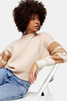 TOPSHOP Pink Stripe Sleeve Knitted Jumper - flipped