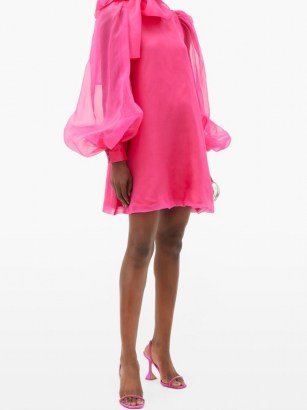 ELZINGA Pussy-bow silk-organza mini dress | bright pink balloon sleeve dresses | retro evening fashion - flipped