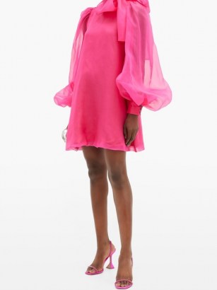 ELZINGA Pussy-bow silk-organza mini dress | bright pink balloon sleeve dresses | retro evening fashion