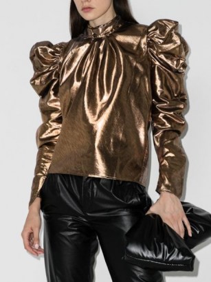 Rejina Pyo Sofia Lamé blouse / statement puff sleeves / gold tone evening tops