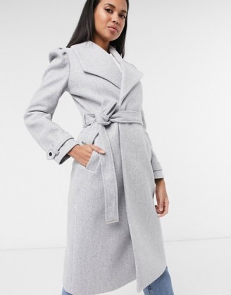 River Island puff sleeve belted robe coat in light grey | puffed shoulder wrap coats - flipped