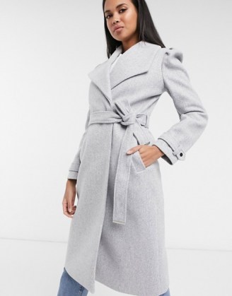 River Island puff sleeve belted robe coat in light grey | puffed shoulder wrap coats