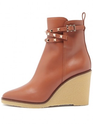 VALENTINO GARAVANI Rockstud leather wedge ankle boots ~ tan brown autumn wedges ~ stud detail wedged boots ~ autumn / winter footwear - flipped