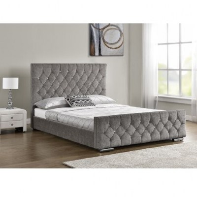 Ararat Upholstered Bed Frame by Rosdorf Park – chenille fabric – detailed with diamante crystals - flipped