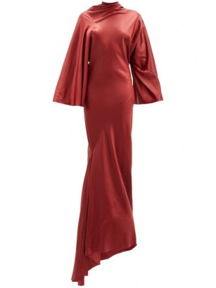RICK OWENS Ruched mock-neck latex maxi dress ~ red asymmetric event gowns - flipped