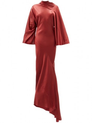 RICK OWENS Ruched mock-neck latex maxi dress ~ red asymmetric event gowns