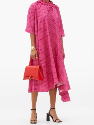 BALENCIAGA Ruffle-neck polka-dot jacquard crepe dress / pink spot print dresses / flowing fabric - flipped
