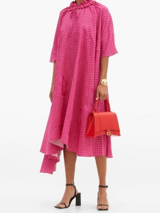 BALENCIAGA Ruffle-neck polka-dot jacquard crepe dress / pink spot print dresses / flowing fabric