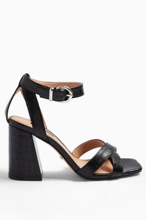 TOPSHOP SACHA Black Ankle Tie Block Heel Sandals / croc effect chunky high heels