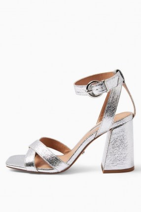 TOPSHOP SACHA Silver Ankle Tie Block Heel Sandals / metallic ankle strap shoes - flipped