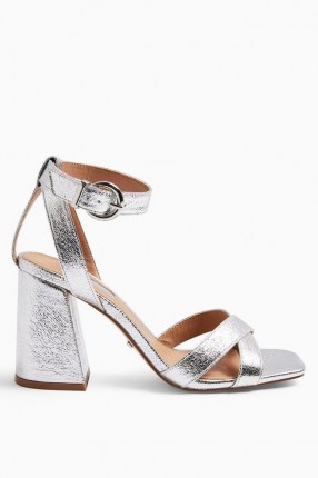 TOPSHOP SACHA Silver Ankle Tie Block Heel Sandals / metallic ankle strap shoes