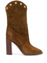 Saint Laurent studded suede boots ~ brown block heel stud embellished boots ~ western themed footwear