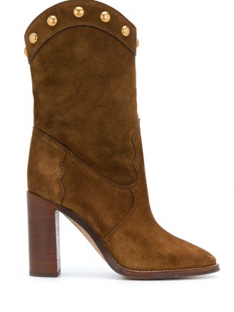 Saint Laurent studded suede boots ~ brown block heel stud embellished boots ~ western themed footwear