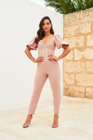 LAVISH ALICE sheer corset puff sleeve jumpsuit in mink – fitted jumpsuits - flipped
