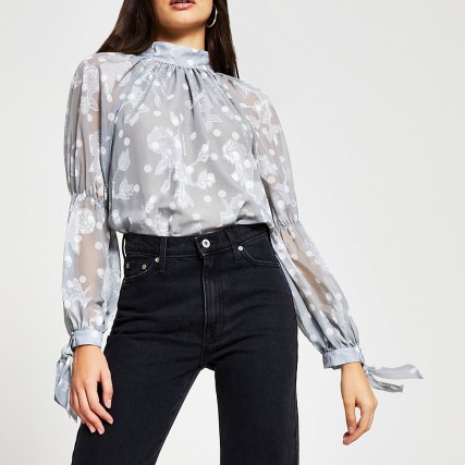 RIVER ISLAND Silver long sleeve tie neck blouse / romantic style floral blouses