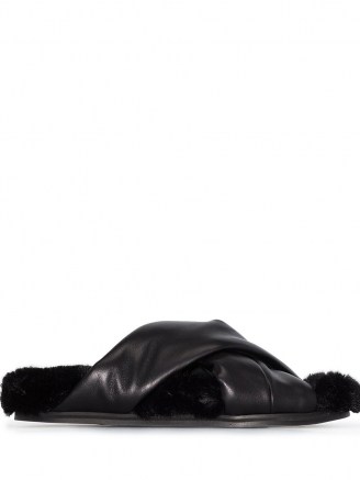 Simone Rocha leather crossover sandals | black faux-shearling lined slides