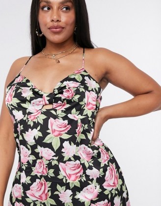 Skylar Rose Plus mini slip dress with tie front in vintage rose floral | black cami strap dresses | plus size going out fashion | plunge front neckline - flipped