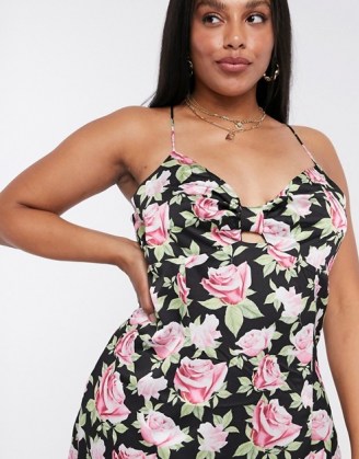 Skylar Rose Plus mini slip dress with tie front in vintage rose floral | black cami strap dresses | plus size going out fashion | plunge front neckline