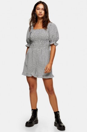 TOPSHOP TALL Black And White Shirred Gingham Dress / smocked check print dresses - flipped
