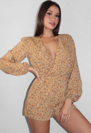 Missguided tan floral long sleeve plunge neck playsuit | deep V neckline playsuits - flipped