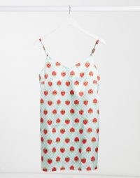 Tara Khorzad mini cami dress in mint strawberry print satin / fruit prints / slip dresses / strawberries / fruits
