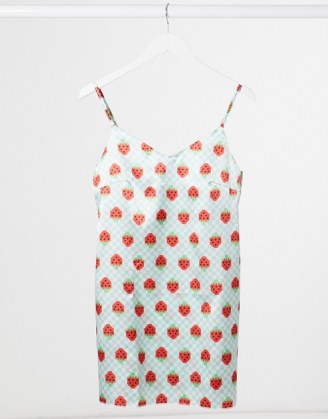 Tara Khorzad mini cami dress in mint strawberry print satin / fruit prints / slip dresses / strawberries / fruits - flipped