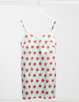 Tara Khorzad mini cami dress in mint strawberry print satin / fruit prints / slip dresses / strawberries / fruits