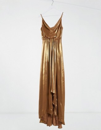 TFNC cowl neck cami strap maxi dress with train in gold / evening glamour / long metallic occasion dresses / liquid look fashion
