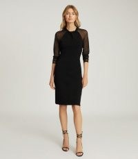 REISS TULA BODYCON DRESS WITH SEMI SHEER SLEEVES BLACK ~ lbd ~ effortless evening style clothing