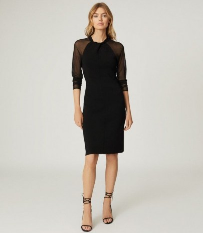 REISS TULA BODYCON DRESS WITH SEMI SHEER SLEEVES BLACK ~ lbd ~ effortless evening style clothing - flipped