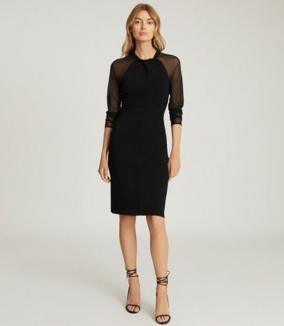 REISS TULA BODYCON DRESS WITH SEMI SHEER SLEEVES BLACK ~ lbd ~ effortless evening style clothing