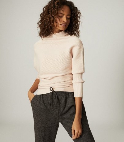 REISS TYLER HIGH NECK KNITTED TOP PINK ~ contemporary knitwear ~ chic draped jumper - flipped