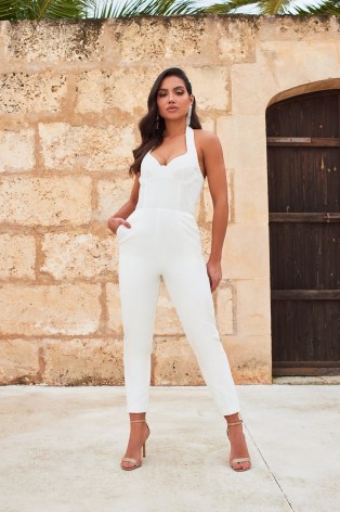 LAVISH ALICE underwired bustier halter neck jumpsuit in white – close fit jumpsuits - flipped