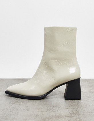 Vagabond Hedda leather flared heel ankle boots in white patent / plaster | retro square toe boot