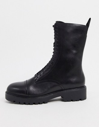 Vagabond Kenova leather lace up chunky flat ankle boots in black | pull tab combat boot