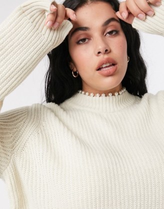 Vero Moda Curve jumper with roll neck and pearl trim in cream | plus size high neck jumpers | embellished knitwear - flipped