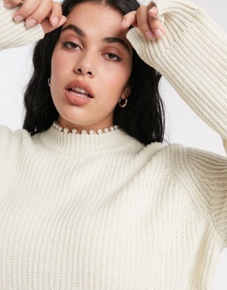 Vero Moda Curve jumper with roll neck and pearl trim in cream | plus size high neck jumpers | embellished knitwear