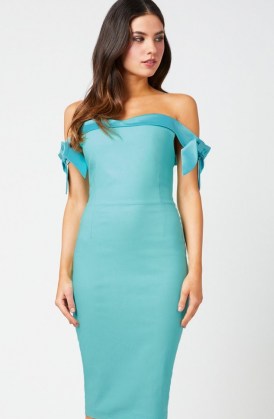 Vesper Dione Crystal Sea Bardot Dress – fitted off the shoulder dresses – bodycon evening wear