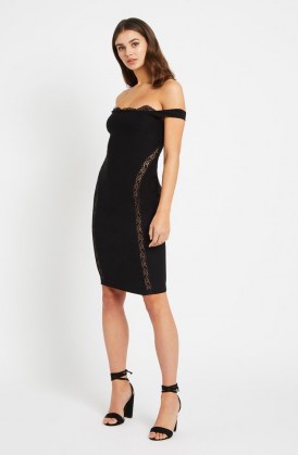 Vesper Elita Black Bardot Midi Dress – LBD – off the shoulder stretch fabric dresses – glamorous evening fashion - flipped